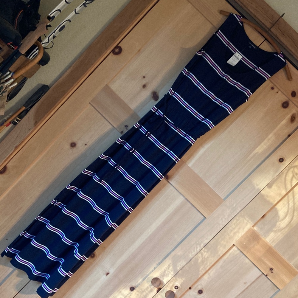 Lands' End Navy Maxi Dress with White & Pink Stripes